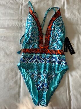 NWT!! La Blanca Turquoise & Orange Mosaic One-Piece Swimsuit